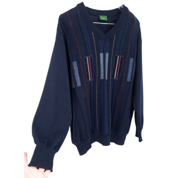 VTG 90s Kingfield Navy Blue Wool V-Neck Geometric Embroidered Velvet Sweater L - Picture 2 of 10